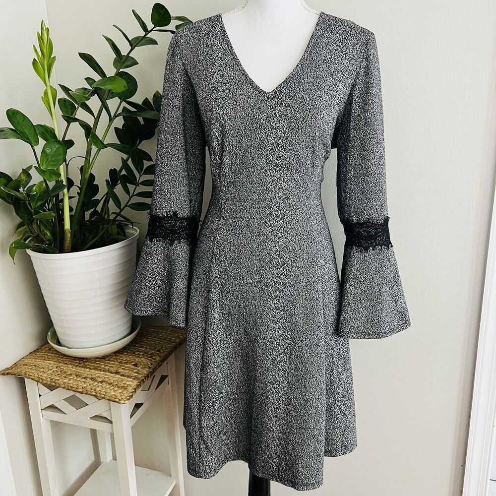 Elle Charcoal Gray & Black Bell Sleeve Stretchy Fit & Flare Dress Size XL
